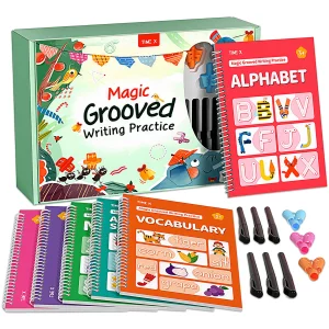 TIME X Magic Grooved Writing Practice Books, Reusable 3D Groove Handwriting Practice Workbooks for Kids Ages 3-8, Large Preschool Writing Books with