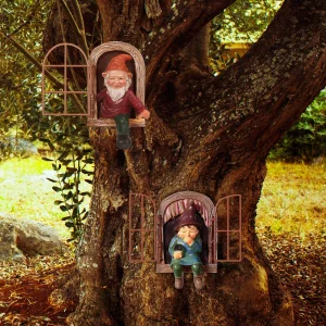 Jetec 2 Pieces Garden Gnome Statue Elf Out The Door Tree Hugger Garden Peeker Yard Art Tree Sculpture Gnome Decoration Outdoor for Patio Yard Lawn Po