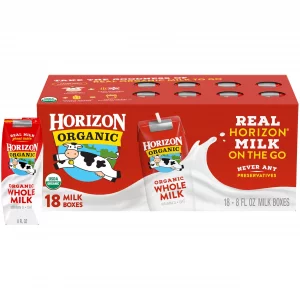 Horizon Organic Shelf Stable Whole Milk Boxes, 8 fl oz, 18 Count - 8g Protein per Serving, USDA Organic UHT from Pasture-Raised Cows, Ready to Drink 