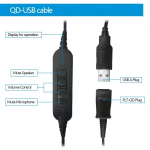 VT QD to USB Adapter Cable Compatible with Any Plantronic-Poly QD Headset with a Quick Disconnect with Volume Control and Mute Microphone/Speaker (PL