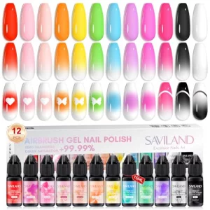 SAVILAND Airbrush Gel Nail Polish Hema-Free: Dilution-Free 12 Vitality Colors Airbrush for Nails Set Non-Acetone with Fine Mist Nail for Spray French