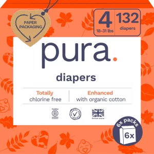 Pura Sensitive Skin Baby Diapers | Size 4 (18-31 lbs) | Hypoallergenic, Totally Chlorine Free, Fragrance Free, Up to 12-Hour Leak Protection | 6 Pack