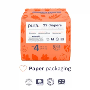 Pura Sensitive Skin Baby Diapers | Size 4 (18-31 lbs) | Hypoallergenic, Totally Chlorine Free, Fragrance Free, Up to 12-Hour Leak Protection | 6 Pack