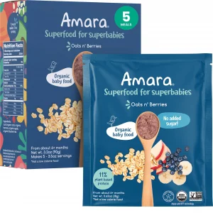 Amara Organic Baby Food - Stage 2 - Oats & Berries - Baby Cereal to Mix With Breastmilk & Water - Shelf Stable Baby Food Pouches Made from Organic Fr