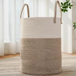 JMvicyroam Large Woven Laundry Basket Hamper,60L Cotton Rope Storage Bin for Blankets,Toys and Clothes,Decorative Tall Nursery Hamper for Living Room