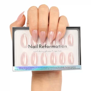 Nail Reformation Press On Nails, Soft Pink Short Almond Fake Nails with Velvet Cat Eye in Glossy Finish, Salon Quality, Reusable Stick On Nails in 16