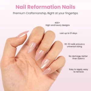 Nail Reformation Press On Nails, Soft Pink Short Almond Fake Nails with Velvet Cat Eye in Glossy Finish, Salon Quality, Reusable Stick On Nails in 16