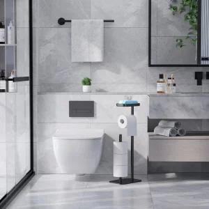 Kitsure Toilet Paper Holder Free Standing  Rustproof Metal Toilet Paper Stand for 4 Rolls with Anti-Slip Base and Shelf for Phone & Small Items, Bat