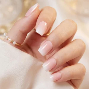 Bioday Ombre Press on Nails Short Square, Soft Gel Nude Pink Fake Nails Press on with Glue, 30Pcs Reusable Stick on Nails in 15 Sizes, Salon Quality 