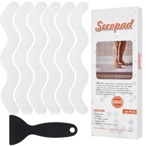 Secopad Patented Anti Slip Shower Stickers, Adhesive Decals Safety Strips with Scraper for Bath Tub, Shower Floor, Stairs, 24 Pieces (Clear)