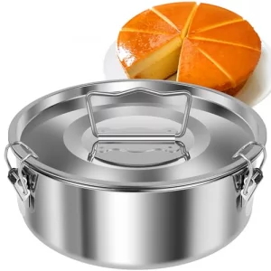 KOUISYY Flan Mold with Lid, Stainless Steel Flan Pan Mold with Handle, 1.5QT Large Capacity Flanera Flan Maker, Portable Round Cake Baking Flan Maker