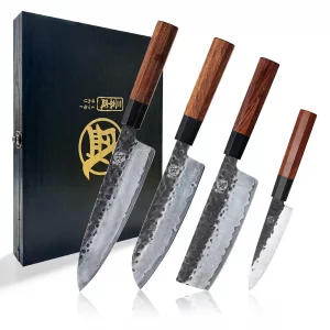 MITSUMOTO SAKARI Japanese Chef's Knife Set 4 Pcs, Professional Hand Forged Kitchen Chef Knife Set, High Carbon Ultra Sharp Cooking Chefs Knife Set (R