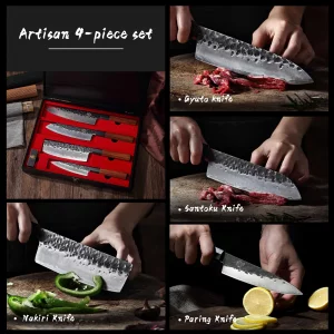 MITSUMOTO SAKARI Japanese Chef's Knife Set 4 Pcs, Professional Hand Forged Kitchen Chef Knife Set, High Carbon Ultra Sharp Cooking Chefs Knife Set (R