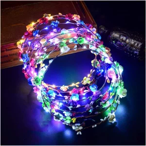 Coxeer 7 Pcs LED Flower Crown Headband, Light Up Flower Headbands for Women, Garlands Glowing Floral Wreath Crowns for Wedding Beach Party Birthday C