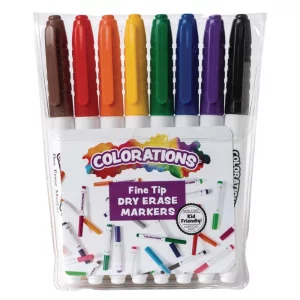 Colorations Low-Odor Colored Dry Erase Fine-Tip Markers, Set of 8, For Use on Whiteboards, Glass, and Non-porous Surfaces, Use for Classroom, Home, 