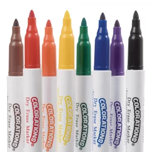 Colorations Low-Odor Colored Dry Erase Fine-Tip Markers, Set of 8, For Use on Whiteboards, Glass, and Non-porous Surfaces, Use for Classroom, Home, 