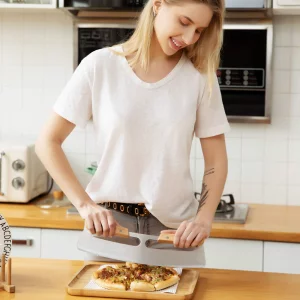 Pizza Cutter Rocker with Wooden Handles & Protective Cover by Zocy, 14