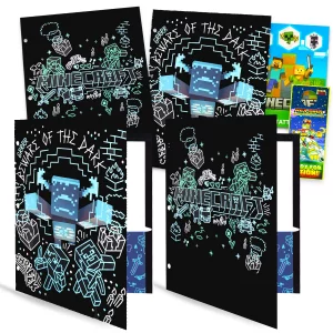 Minecraft Folders for School - Video Game Pocket Folder Bundle Includes 4 Laminated Plastic Folders Plus Tattoos, More Minecraft Kids School Supplies