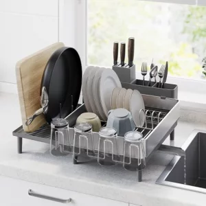 SONGMICS Large Dish Drying Rack, Expandable Dish Dryer for Kitchen Counter, Stainless Steel Dish Rack with Rotatable Spout, Utensil, Cup, Glass, Cutt
