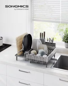 SONGMICS Large Dish Drying Rack, Expandable Dish Dryer for Kitchen Counter, Stainless Steel Dish Rack with Rotatable Spout, Utensil, Cup, Glass, Cutt