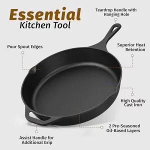 Zulay Kitchen Pre-Seasoned Cast Iron Skillet - 12.5 Inch Heavy Duty Frying Pan for Indoor & Outdoor Cooking - Oven, Stovetop, Induction, Grill & Camp