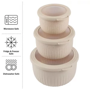 Set of 3 Bowls with Lids - Microwave, Freezer, and Fridge Safe Nesting Mixing Bowls - Eco-Conscious Kitchen Essentials by Classic Cuisine (Beige), S,