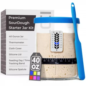 Premium Sourdough Starter Jar - 40oz Large Sourdough Jar with Marked Feeding Band, Thermometer, Scraper, Cloth Cover and Silicone Lid/Base, Wide Mout