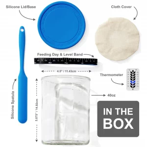 Premium Sourdough Starter Jar - 40oz Large Sourdough Jar with Marked Feeding Band, Thermometer, Scraper, Cloth Cover and Silicone Lid/Base, Wide Mout