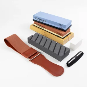 Premium Knife Sharpening Stone Set - Dual Grit Whetstones (400/1000 & 3000/8000), Leather Strop, Flattening Stone, Bamboo Base, Non-Slip Bases & Angl