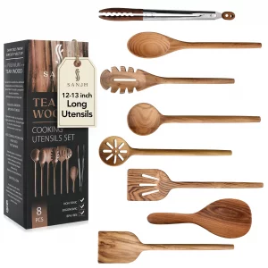 8 Piece Teak Wooden Cooking Spoons Set - Wooden Utensil Set with Spatula Scraper Pasta Spoon Rice Paddle Tongs for Everyday Cooking, Smooth Sanded Fi