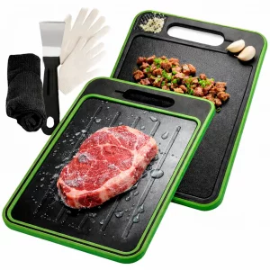 4-in-1 Defrosting Tray for Frozen Meat - Defroster & Thawing Plate Defrosting Tray with Built-in Knife Refiner, Garlic Grater & Cutting Board - Non-S