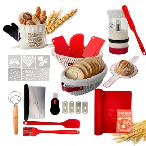 Complete Sourdough Starter Kit for Beginners - 34oz Starter Jar, 2 Banneton Proofing Baskets (Round & Oval), Dough Whisk, Bread Lame, Scrapers & Sili