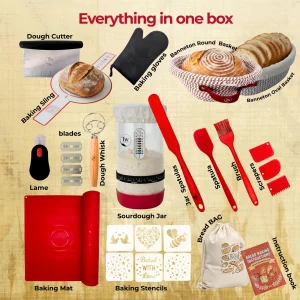 Complete Sourdough Starter Kit for Beginners - 34oz Starter Jar, 2 Banneton Proofing Baskets (Round & Oval), Dough Whisk, Bread Lame, Scrapers & Sili
