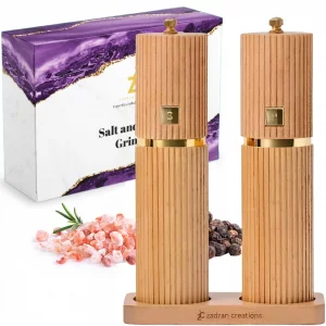 Wooden Salt and Pepper Grinder Set - Refillable Beechwood Salt & Pepper Mills with Gold Accents, Adjustable Ceramic Mill, Matching Wood Stand - Premi