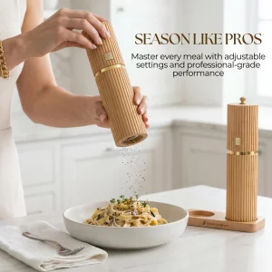 Wooden Salt and Pepper Grinder Set - Refillable Beechwood Salt & Pepper Mills with Gold Accents, Adjustable Ceramic Mill, Matching Wood Stand - Premi
