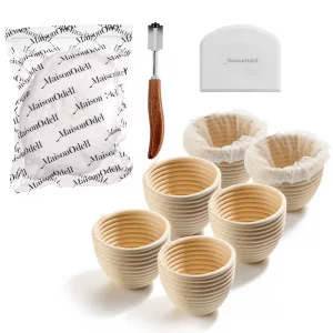 MaisonOdell Mini Sourdough Proofing Basket Set - 6 Natural Rattan Banneton Baskets with Fabric Proofing Covers & Dough Scoring Knife