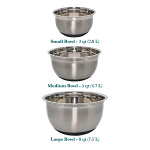 Chicago Metallic Stainless Steel Soft Base Bowls, Versatile Nesting Mixing Bowls for Every Kitchen Task, Set of 3