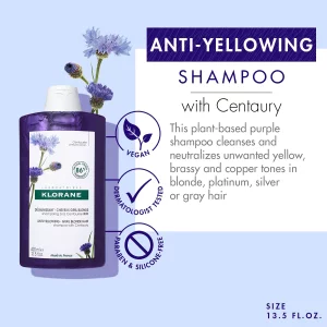 Klorane Shampoo with Centaury - Brightens Blonde, Platinum, Silver, Gray or White Hair - Neutralizes Unwanted Yellow, Brassy, and Copper Tones - Para