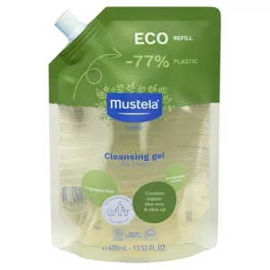 Mustela Certified Organic Eco-Refill Cleansing Gel - Natural Hair & Body Wash with Olive Oil & Aloe Vera - For Baby, Kid & Adult - Fragrance Free, Te