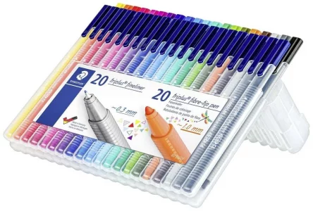 STAEDTLER Triplus Fineliner and Fibre Tip Pen Set, Mix & Match Feature, Ergonomic Triangular Shape, Dry Safe, in Practical Box with 20 Fineliners and