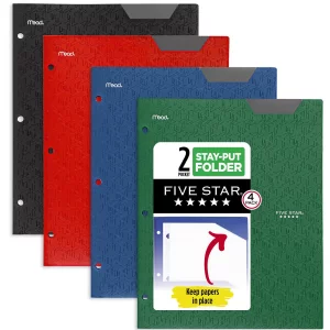 Five Star 2-Pocket Folder, 4 Pack, Plastic Folder with Stay-Put Tabs and Prong Fasteners, Fits 3-Ring Binder, Holds 8-1/2