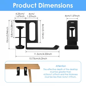 WHQLANG Desk Side Laptop Holder, Vertical Desk Side Storage Laptop Holder, Adjustable Laptops Mount with Headphone Hooks, No Drill Clamp for Laptops,