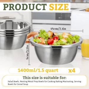 Realand Stainless Steel Bowl Set of 4, Thicker 18/8 Stainless Salad Mixing Bowls 1.5 Quart, Nesting Metal Prep Bowls for Cooking Baking Marinating Ce