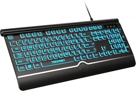 TECKNET Large Print Backlit Keyboard, Wired USB-A Computer Keyboard with Wrist Rest, 7-Color Backlit, Oversized Letter Keys Easy to See, Plug-and-Pla