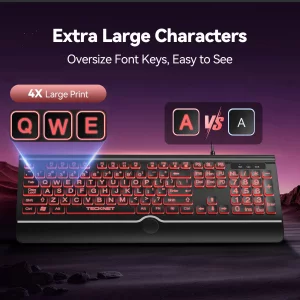 TECKNET Large Print Backlit Keyboard, Wired USB-A Computer Keyboard with Wrist Rest, 7-Color Backlit, Oversized Letter Keys Easy to See, Plug-and-Pla