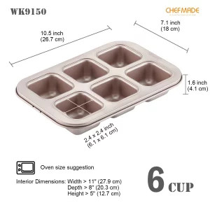CHEFMADE Brownie Cake Pan, 6-Cavity Non-Stick Square Muffin Pan Blondie Bakeware for Oven Baking (Champagne Gold)