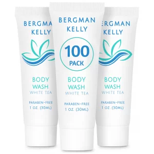 BERGMAN KELLY Travel Size Body Wash (1 fl oz, 100 PK, White Tea), Delight Your Guests with a Revitalizing and Refreshing Hotel Body Wash, Quality Min