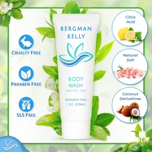 BERGMAN KELLY Travel Size Body Wash (1 fl oz, 100 PK, White Tea), Delight Your Guests with a Revitalizing and Refreshing Hotel Body Wash, Quality Min