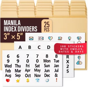25 Heavyweight Manila Index Card Box Dividers - 3x5 with Tabs & 108 Stickers, Monthly & Recipe Guides, Greeting Card Dividers