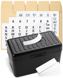 OFFILICIOUS Index Card Box 3x5 - Recipe Box with Manila Dividers & Stickers - Premium Index Card Holder Ideal as Business Card Organizer, Recipe Card